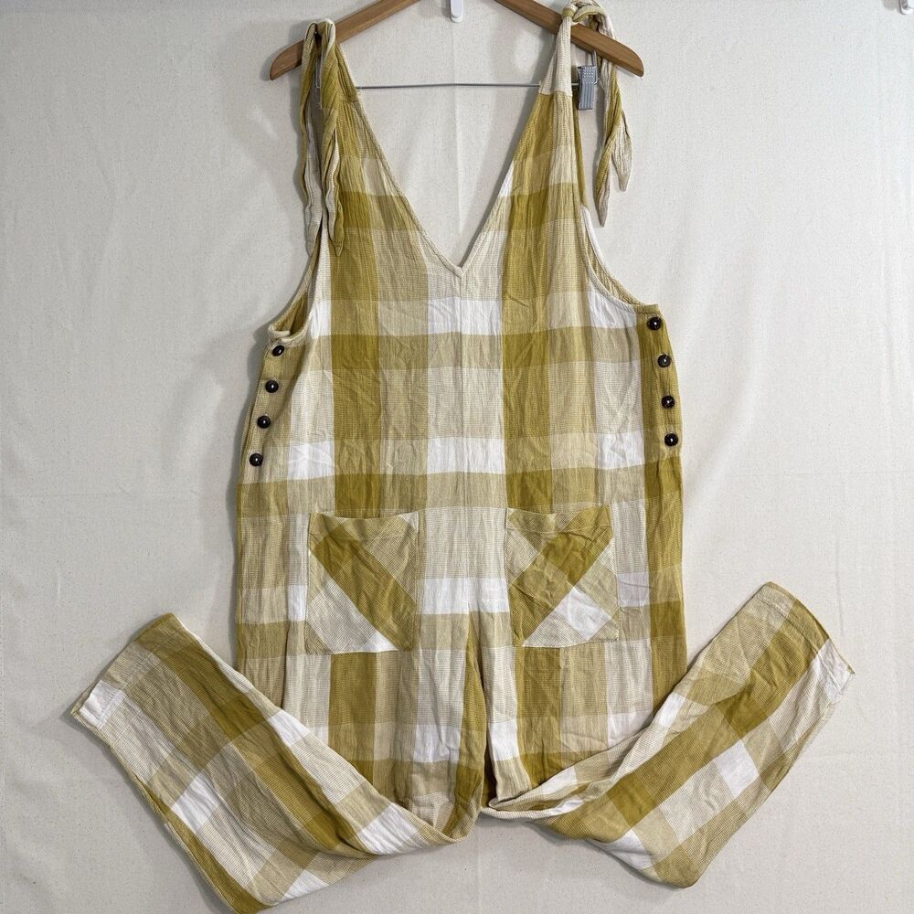 Free People Endless Summer Plaid Jumpsuit Women Size Medium Yellow